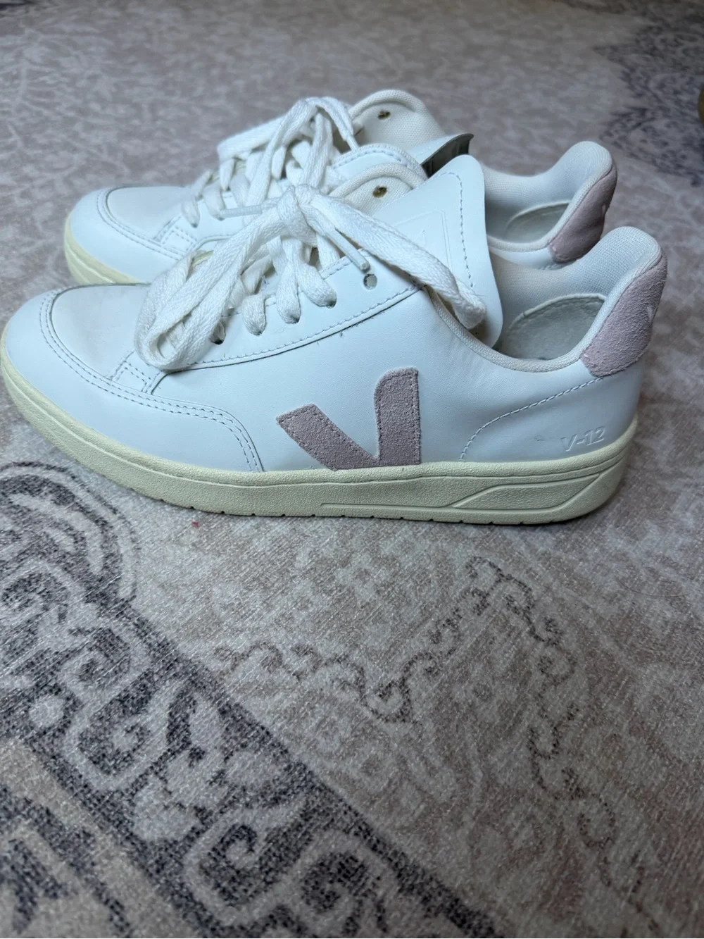 Veja V-12 White Leather Sneakers with Blush Suede Accents